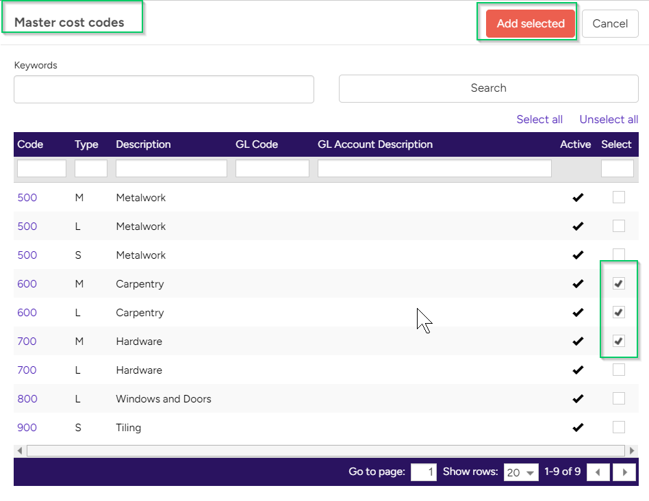 Add Master Cost Codes and apply them to Projects