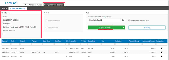 Batch process screen with invoice number count