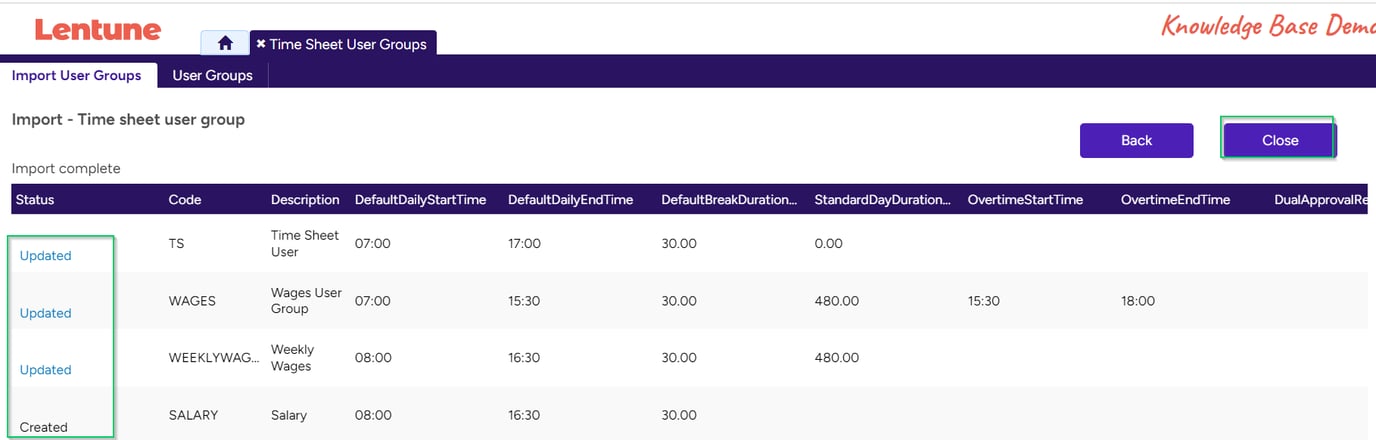 Import Time Sheet User Groups and Time Sheet Entry Types