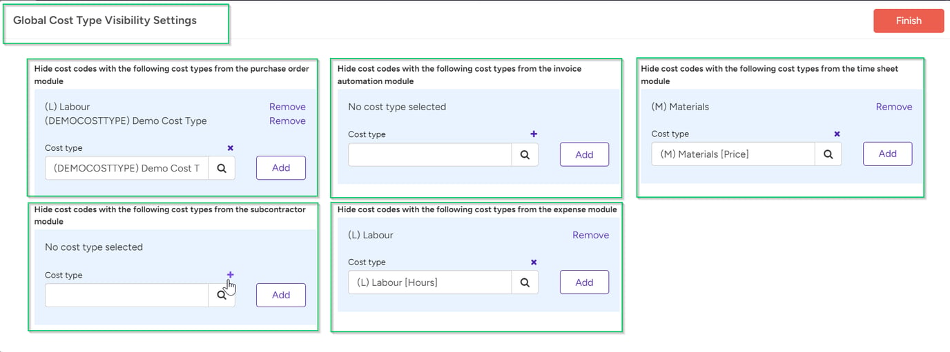 Project Defaults for Cost Code Visibility