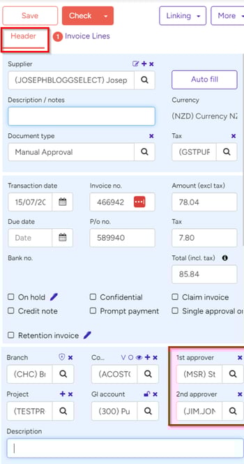 invoice approver allocation header