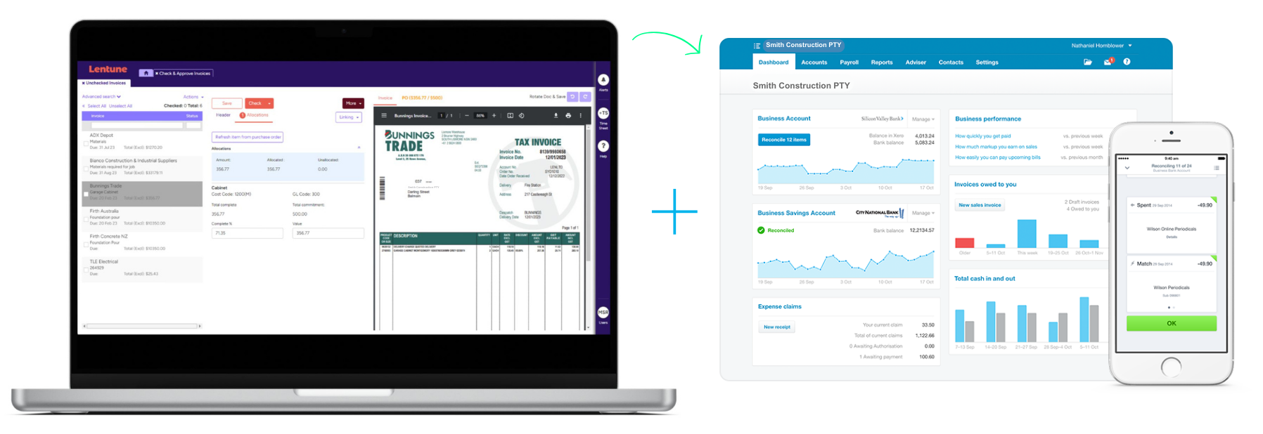 Lentune on a laptop and Xero in a browser and on a smartphone