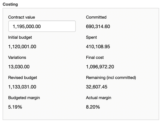 Project dashboard screenshot - costing