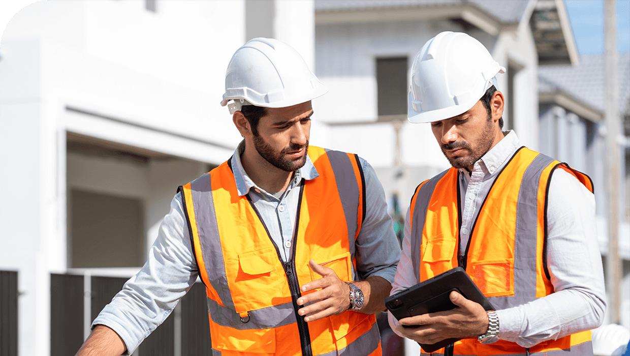 Two construction project managers reviewing costs on a tablet