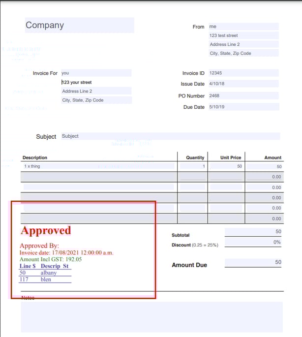 Customise your Invoice Approved Stamp
