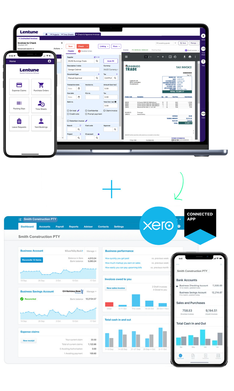 Lentune and Xero connected — invoice processing on laptop and mobile synced to Xero dashboard